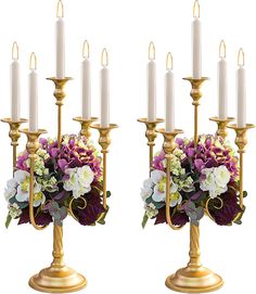 two gold candelabras with flowers and candles on them are shown side by side