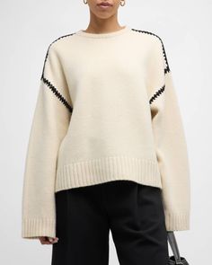 Toteme Cashmere-Blend Knit Sweater with Embroidered Detail Knitted Wool Sweater, Expensive Wardrobe, Minimal Sweater, Womens Knitwear, Stitch Sweater, Knit Ideas, Buy Sweaters, Embroidered Wool, Future Outfit