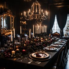 a dining room table is set with candles and place settings for the holiday dinner party