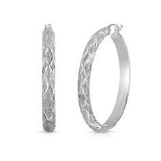 PRICES MAY VARY. Crafted in 925 Sterling Silver Rhodium plated for tarnish guard Diameter: 35mm or 1.38 inches Shipped in an elegant gift box! All-around Brushed Satin Finish X-pattern Diamond-cut design Sterling Silver Half-round Tube Laser-cut Finish X-pattern Diamond-cut Round Hoop Earrings, 1.4" Oval Sterling Silver Hoop Earrings With Diamond Cut, Oval Diamond Cut Sterling Silver Hoop Earrings, Silver Engraved Hoop Earrings For Anniversary, Engraved Silver Hoop Earrings For Anniversary, Small Hoop Engraved Earrings, Sterling Silver Hoop Earrings With Diamond Cut For Anniversary, Small Silver Hoop Earrings With Diamond Cut, Silver Hoop Jewelry With Diamond Cut, Sterling Silver Diamond Cut Hoop Earrings