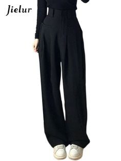 SPECIFICATIONS Simple Black High Waist Female Wide Leg Pants Full Length Casual Straight Solid Color Women's Suit Pants American Style Brand Name: Jielur Style: Casual Age: JUNIOR Origin: Mainland China CN: Guangdong Season: Summer Waist Type: HIGH Decoration: Pockets Decoration: Fake Zippers Elasticity: Non Strech Fabric Type: Broadcloth Pattern Type: Solid Pant Style: Wide Leg Pants Material: Polyester Fit Type: LOOSE Length: Full Length Place Of Origin: China (Mainland) Closure Type: Zipper F Black Stretch Wide Leg Work Pants, Baggy Black Dress Pants With Pockets, Black Baggy Dress Pants With Pockets, Black Trousers For Fall, Solid Color Full-length Dress Pants For Fall, Fall Solid Color Full-length Dress Pants, High Waist Black Dress Pants With Pockets, Baggy Black Full-length Dress Pants, Black Wide Leg Work Pants With Pockets