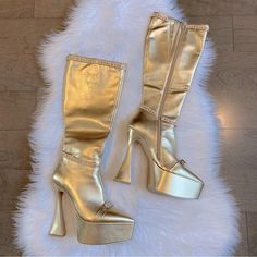 Incredible, Unique, And Sexy Shiny Gold Leather Boots With Pointed Toe, Embellished Signature Naked Wolfe Emblem Logo Across Top Of Foot, Fun Shape Heel, And Bedazzled Details. - Naked Wolfe - Brand New Condition - No Known Flaws, No Box - Zipper On Side - 2.5” Platform, 6.5” Heel - 100% Leather - Size 40 Eu - From A Smoke Free/Pet Free Home! Same Day Or Next Day Shipping Posh Ambassador & Long Time Trusted Seller I Love To Bundle & Accept Offers Party Platform High-cut Heels, Platform High Cut Party Heels, Party Platform Boots With Closed Toe, Luxury High Heel Platform Boots For Party, Party High-cut Platform Heels, Party High Cut Platform Heels, Platform Party Boots With Almond Toe, Party Platform Boots With Almond Toe, Almond Toe Platform Boots For Party