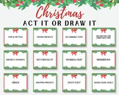 printable christmas act it or draw it cards with holly wreaths and red bows