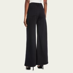 FRAME "Le Palazzo" pants is stretch-denim. Approx. measurements: 11" rise; 34" inseam; 30" leg opening. High-rise; belt loops. Button-zip fly. Five-pocket style. Relaxed fit through super wide legs. Cotton/polyester/spandex. Machine wash. Made in USA of imported materials. High Rise Bottoms For Workwear, Chic Wide Leg Jeans For Business Casual, High-waisted Workwear Flare Jeans With Five Pockets, Business Casual Bottoms For Fall, High Rise Workwear Bottoms With Five Pockets, Business Casual Straight Leg Bottoms With Five Pockets, Mid-rise Bottoms For Business Casual, Chic Mid-rise Jeans For Business Casual, Mid-rise Stretch Flare Jeans With Belt Loops