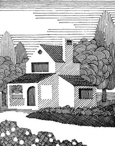 an ink drawing of a house in the countryside