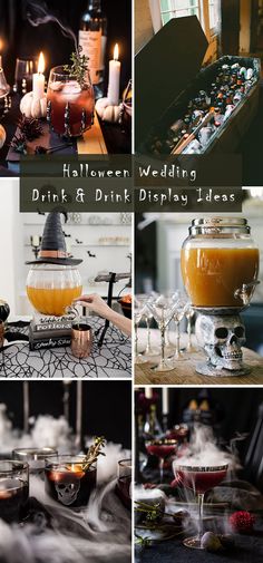 halloween wedding drink and drink display ideas with candles, pumpkins, booze bottles