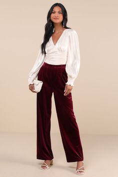 Introduce the Lulus Posh Idea Plum Velvet High-Rise Straight Leg Trouser Pants to your wardrobe this season to create a whole new range of ensembles! Plush velvet shapes these trend-setting pants that have a high-rise, banded waist, belt loops, and hidden clasp closure above a zipper fly. The straight, ankle-length pant legs boast tailored pleated detailing, diagonal front pockets, and decorative welt pockets at the back. Style with some strappy heels for a fun and sleek going out 'fit! Fit: This garment fits true to size. Length: Floor length. Size medium Inseam: 32.25 Front Rise: 12.50 Waist: Fitted - very fitted at natural waist. Hip: Loosely Fitted. Fabric: Fabric is very stretchy. Unlined. 95% Polyester, 5% Spandex. Hand Wash Cold. Do Not Bleach. Line Dry. Iron Low Heat. Imported. Lul Elegant Velvet Wide Leg Pants For Party, Elegant Velvet Trousers, Elegant Velvet Formal Pants, Wide-leg Velvet Pants For Party, Velvet Pants For Night Out In Fall, Elegant Velvet Bottoms For Workwear, Velvet Pants For Fall Night Out, Fall Velvet Pants For Night Out, Elegant High Waist Velvet Bottoms