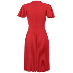 Red V Neck Short Sleeve Pleated Dress Red Pleated Dress For Work, Red Pleated Dress For Workwear, Fitted Solid Red Midi Dress, Fitted Red Pleated Midi Dress, Chic Red Pleated Dress, Red Solid Color Midi Dress For Date Night, Chic Red Solid Color Midi Dress, Red Pleated Midi Dress For Cocktail, Red Short Sleeve Office Dress