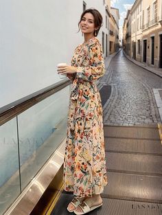 Lasaky - Womens Floral Chiffon Long-Sleeve Maxi Dress Long Sleeve Chiffon Dress For Brunch, Casual Flowy Chiffon Long Sleeve Dress, Chic Flowy Long Sleeve Chiffon Dress, Casual Flowy Chiffon Dress With Long Sleeves, Long Sleeve Chiffon Beach Dress, Chiffon Maxi Dress With Floral Print And Long Sleeves, Flowy Long Sleeve Chiffon Dress Casual, Chic Long Sleeve Chiffon Dress For Brunch, Flowy Long Sleeve Maxi Dress For Garden Party