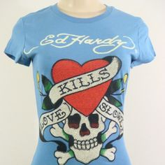 New With Tags Ed Hardy Women Love Kills Slowly Blue Shirt Short Sleeve Round Neck. Multiple Sizes Available. Thrifting Clothes, Hardy Shirts, Thrift Ideas, Love Kills Slowly, Don Ed Hardy, 2000s Tops, Love Kills, Black Crop Tee, White Short Sleeve Shirt