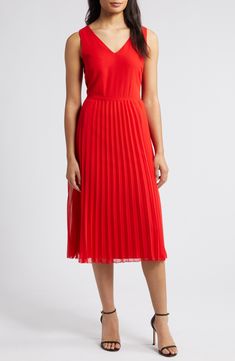 An accordion-pleated skirt lends graceful movement to this sleeveless midi that's balanced by a fitted V-neck bodice. V-neck Sleeveless Lined 100% polyester Dry clean Imported Cocktail Midi Dress With Pleated Back, V-neck Midi Dress With Pleated Hem For Evening, Red Pleated Back Dress, Elegant Red Pleated Summer Dress, Ruched Midi Length Sleeveless Dress For Work, Ruched Sleeveless Midi Dress For Work, Classic Sleeveless Midi Dress For Spring, Elegant Sleeveless Pleated Cocktail Dress, Classic Sleeveless Pleated Dress