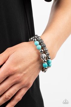 Sagebrush Saga Blue Bracelet - Jewelry by Bretta Adjustable Turquoise Stretch Bracelet With Silver Beads, Bohemian Silver Stretch Bracelet With Faceted Beads, Mixed Metal Jewelry, Paparazzi Accessories, Paparazzi Jewelry, Butterfly Earrings, Blue Bracelet, Silver Accents, Shiny Silver