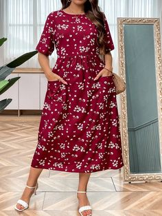 Red Boho Collar Half Sleeve Woven Fabric Floral,Plants,Ditsy Floral,All Over Print Smock Embellished Non-Stretch  Women Plus Clothing Red Floral Print Dress, Red Boho, Casual Styles, Simple Dress, Rayon Dress, Fabric Floral, Short Sleeve Dress, Ditsy Floral