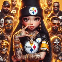 a painting of a woman with tattoos and piercings on her face, surrounded by other football players