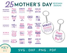 the 25 mother's day keychain design is shown in pink and purple