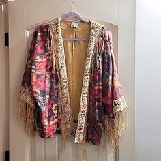 Beautiful Jaded Gyspy Multi Colored Jacket With Lace And Fringe. Nwot Never Worn. Bohemian Spring Outerwear With Fringe, Spring Cream Outerwear With Fringe, Cream Fringe Outerwear For Spring, Cream Long Sleeve Fringe Outerwear, Spring Cream Fringe Outerwear, Beige Spring Festival Outerwear, Beige Festival Outerwear For Spring, Cream Fringe Outerwear For Fall, Bohemian Long Sleeve Fringe Outerwear