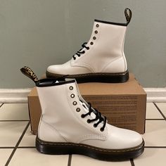 Brand New Dr. Martens White Zavala Combat Boots Leather Upper, Rubber Sole True To Size U.S. Women’s 9 U.S. Men’s 8 Only With Bottom Of Box White Martin Boots For Spring, White Fitted Boots With Flat Heel, Fitted White Boots With Flat Heel, Classic High Ankle Boots For Spring, White Medium Width Lace-up Boots, Classic Combat Boots With Leather Footbed, White High Ankle Martin Boots For Spring, Classic Round Toe Spring Boots, Classic Round Toe Boots For Spring