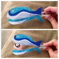 two pictures of blue and white paper fish