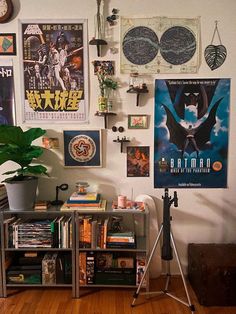 a living room filled with lots of posters on the wall next to a potted plant