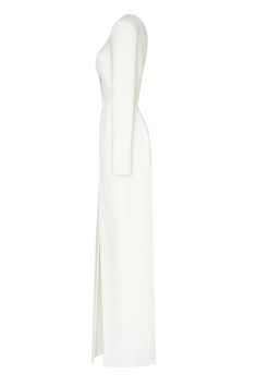 Luxury One Shoulder Dress With Asymmetrical Neckline, White One Shoulder Maxi Dress For Formal Occasions, White One Shoulder Maxi Dress For Formal Events, Elegant Maxi Dress With Asymmetrical Neckline For Dinner, Elegant White One-shoulder Maxi Dress, Elegant White One Shoulder Maxi Dress, White Asymmetrical Neckline Maxi Dress For Evening, White Maxi Dress For Evening With Asymmetrical Neckline, Elegant Long Sleeve Evening Dress With Side Slits