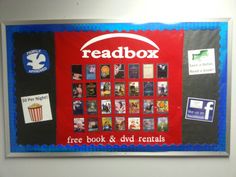 a bulletin board with pictures on it and the words readbox written in white letters