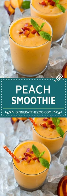 three glasses filled with peach smoothie and garnished with mint