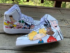 ↪Current Turnaround Time: 3-4 weeks ↪1 pair of Nike slides  ↪ Hey Arnold and Friends design  ↪Hand painted with permanent paint ↪No patches or vinyl ↪Images are not printed ↪Instagram @jhericoco  ↪Shipping: USPS Priority Fun White Sneakers With Custom Artwork, The Simpsons Donut, Custom Air Force Ones, Simpsons Donut, Vinyl Images, Custom Sneakers Diy, Friends Design, Nike Slides, Lake Arrowhead