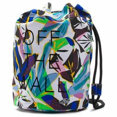 a colorful backpack with the words off wall printed on it's front and side