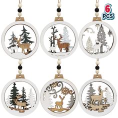 six christmas ornaments with different designs and animals in the woods, including deers, pine trees