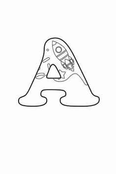 the letter's alphabet is drawn in black and white with an image of a rocket ship