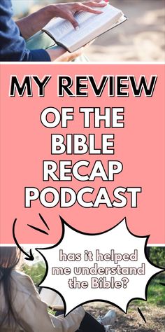 a woman sitting on the ground with an open book in her lap and text that reads, my review of the bible recap