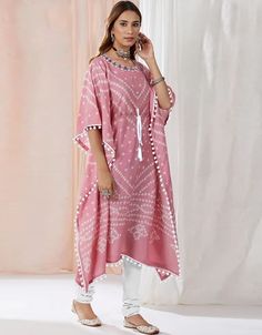 Designer Party Wear Readymade Muslin Kaftan Style Dress Pink Muslin Pant Dress Front View Lehriya Kaftan Dress, Kaftan With Dupatta, Lehriya Dress, Muslin Kaftan, Latest Kaftan Designs, Kaftan Suit, Mirror Work Fabric, Tailoring Ideas, Kaftan Kurti