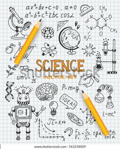 science doodles and pencils on a sheet of exercise paper with space for text