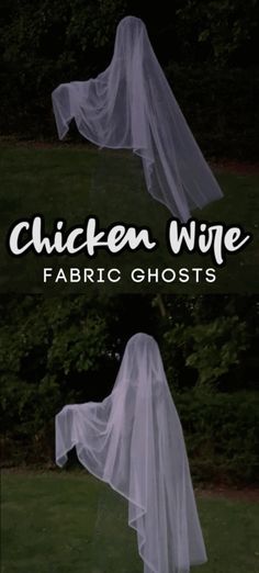 two pictures with the words chicken wire fabric ghost