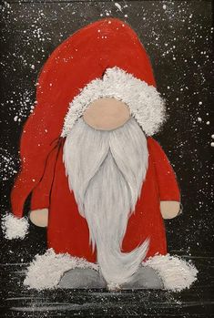 a painting of a santa clause with snow falling all over him and his hat on