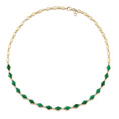 Steal the spotlight in this alluring 18k yellow gold choker and its luminous malachite stone beads that not only look chic, but also empower the wearer with potent attributes that heal and transform negative energy. The goldÃ¢â‚¬â„¢s warm hue, coupled with the rich green of the malachite crystal, creates a harmonious contrast that will instantly shift any outfit from stylish to iconic. Elegant Gold Necklace With Green Onyx, Elegant Yellow Gold Malachite Necklace, Elegant Green Malachite Necklace, Elegant Single Strand Green Onyx Necklace, Elegant Single Strand Malachite Jewelry, Malachite Crystal, Malachite Stone, Gold Choker Necklace, Gold Choker