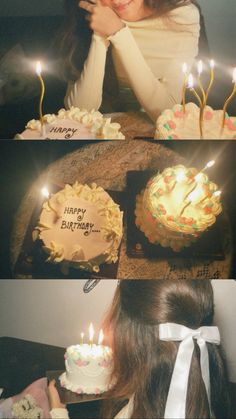 a woman sitting in front of a cake with candles on it and the caption happy birthday everyone