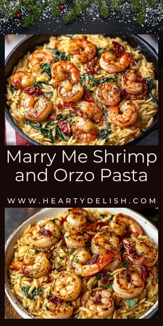 shrimp and orzo pasta in a skillet with text overlay that reads mary me shrimp and orzo pasta