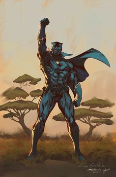 a drawing of a man with a blue mask and cape holding a fist up in the air