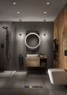 a bathroom with a sink, toilet and shower in the background that says shop this look in our new brochure