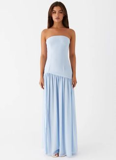 Eden Strapless Maxi Dress - Blue – Peppermayo US Strapless Neckline, Vacation Wear, Strapless Maxi, Style Party, Strapless Maxi Dress, Sheer Chiffon, Chiffon Skirt, Maxi Dress Blue, Black Maxi Dress