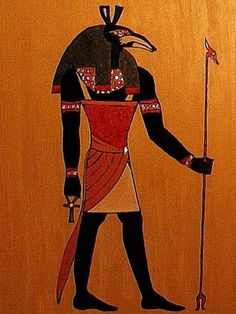 an ancient egyptian painting on wood depicting the god osirie with his staff and spear