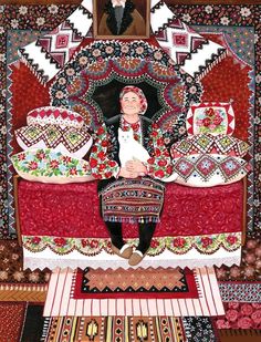 a painting of a man sitting on top of a bed covered in blankets and pillows