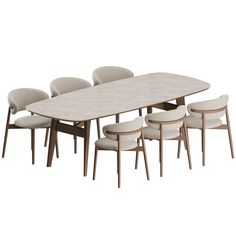 an image of a dining table and six chairs with white fabric upholstered seats