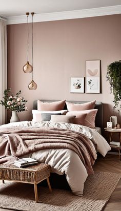 a bedroom with pink walls and bedding in the center, two planters on either side of the bed