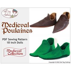 several different types of slippers are shown in this ad for medieval doll clothes and clothing