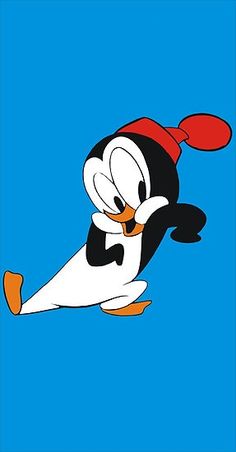 a cartoon penguin flying through the air with a red hat on his head and legs