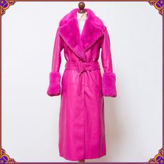 "Beautiful 1960s 1970s inspired faux fur trim vegan coat. Size S  ⫸ SO SO BEAUTIFUL vintage inspired piece♡ in insane hot pink colour!  ⫸ Excellent pre-loved condition! Clean and without any stains or odors.  Please see the pictures. ♡     Don't hesitate to contact me if you would like to see more pictures or have any questions. ⫸ Very unique style! Art to wear 🌸 ⫸ Fabric: shell- polyester/acrylic/viscose | 100% genuine vegan faux fur ⫸ Very light, soft and cozy ❀ ⫸ Fully lined with soft polyes Princess Coat, Coat With Belt, Pink Barbie, 70s Style, Mod Fashion, Style Pink, Pink Colour, 70s Inspired, Fashion Mode