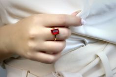 Complete your look with this Ruby jewelry ring with its delicate luster and sophistication. This handcrafted ring for women has a high polish finish to beautifully compliment the vibrant gem. Wrap this birthstone jewelry as a special day or just a treat for yourself. ☛ 𝒜𝐵𝒞 - Add Engraving - https://etsy.me/3CLxYPZ ☛ Ring size - Select the size you would like from the drop down menu ♥ Gemstone Type - Ruby (Lab Created) ♥ Gemstone Size - 7x11mm ♥ Gemstone Cut - Rectangle ♥ Metal Type (Main Phot Gold Ruby Engagement Ring, Ruby Jewelry Ring, 14k Gold Ruby Ring, Gold Ruby Ring, July Birthstone Ring, Ruby Ring Gold, Gold Solitaire Ring, Ruby Engagement Ring, Ruby Jewelry