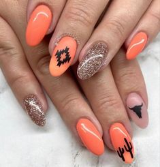 Western Graduation Nails, Punchy Cowgirl Nails, Western Nails 2023, 2023 August Nails, Yellowstone Nails Design, Burnt Orange Western Nails, Cowgirl Nail Designs, Cowgirl Print Nails, Southern Nails Designs Country